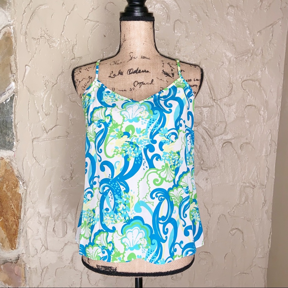 Lilly Pulitzer Blue White Green Printed Spaghetti Strap Tank